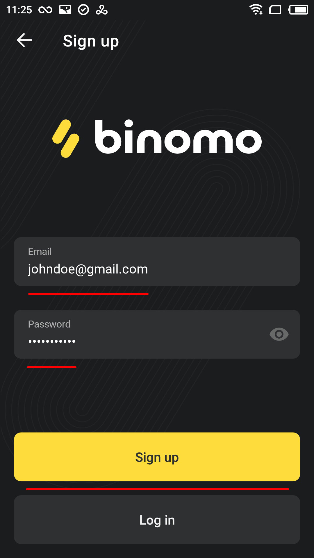 Binomo - Registration in Android app