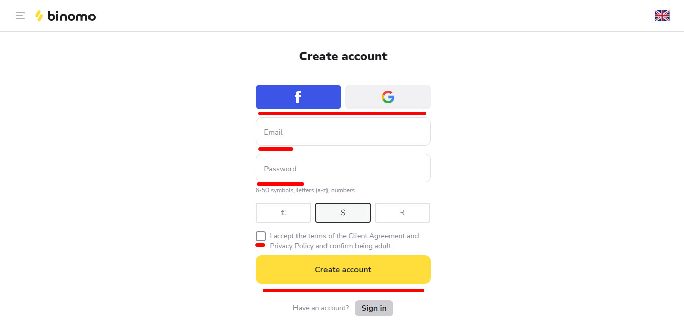 Binomo - real account registration