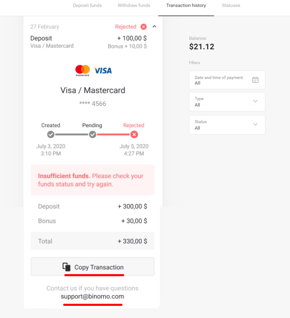 Binomo deposit failed
