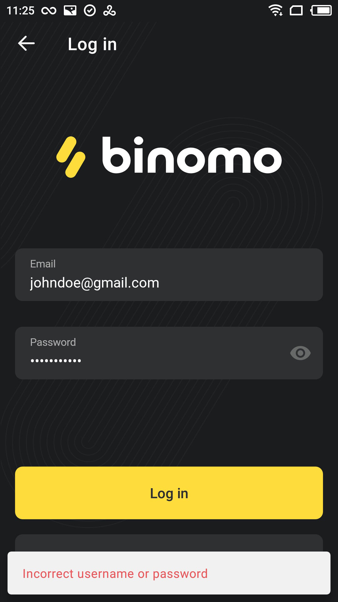 Binomo - Incorrect password on mobile