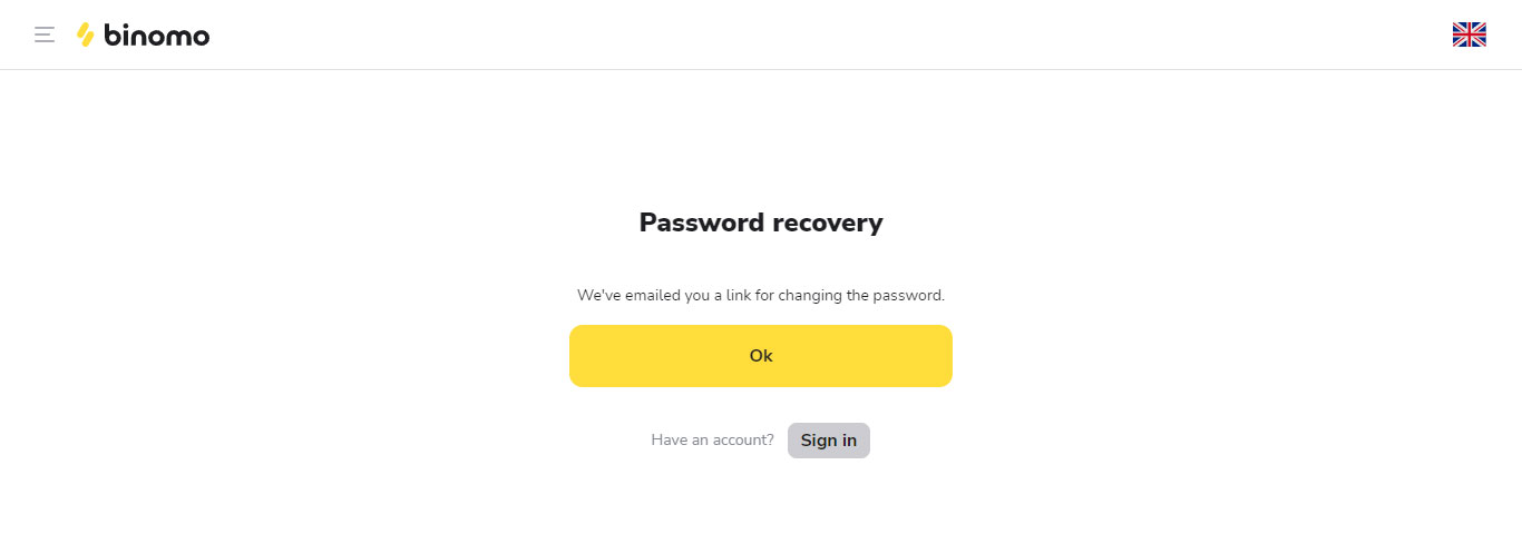 Binomo - Link for changing password