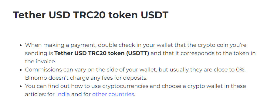 Binomo - Tether USDT TRC20 deposit