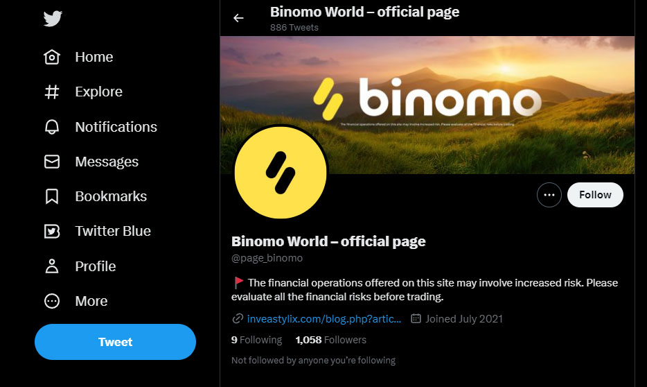 Binomo - Contact by Twitter